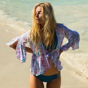 L*SPACE Floral Tie Front Ruffle Swim Cover Top Size Medium